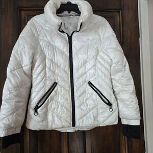 Guess Women's White Puffer Jacket with Black Accents